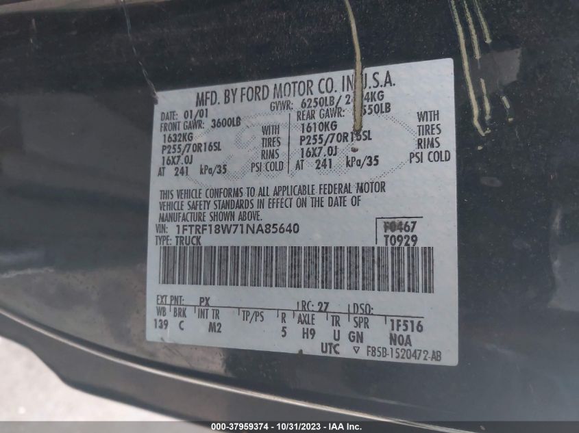 2001 Ford F-150 Xl/Xlt VIN: 1FTRF18W71NA85640 Lot: 37959374