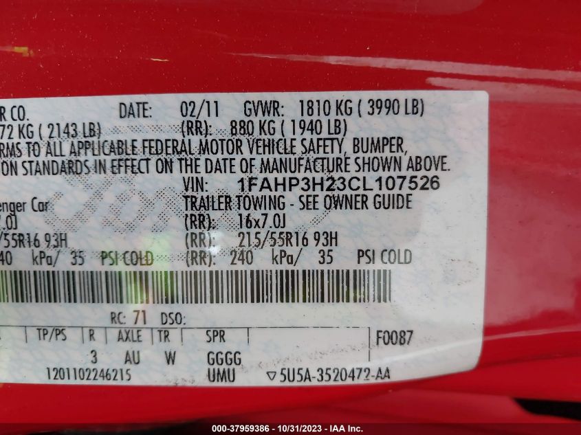 2012 Ford Focus Sel VIN: 1FAHP3H23CL107526 Lot: 37959386