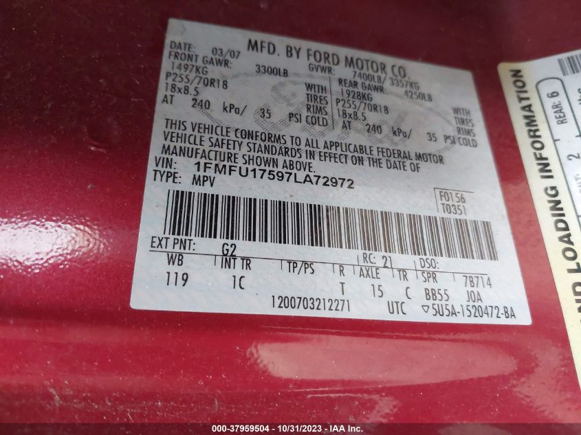 2007 Ford Expedition Eddie Bauer VIN: 1FMFU17597LA72972 Lot: 37959504