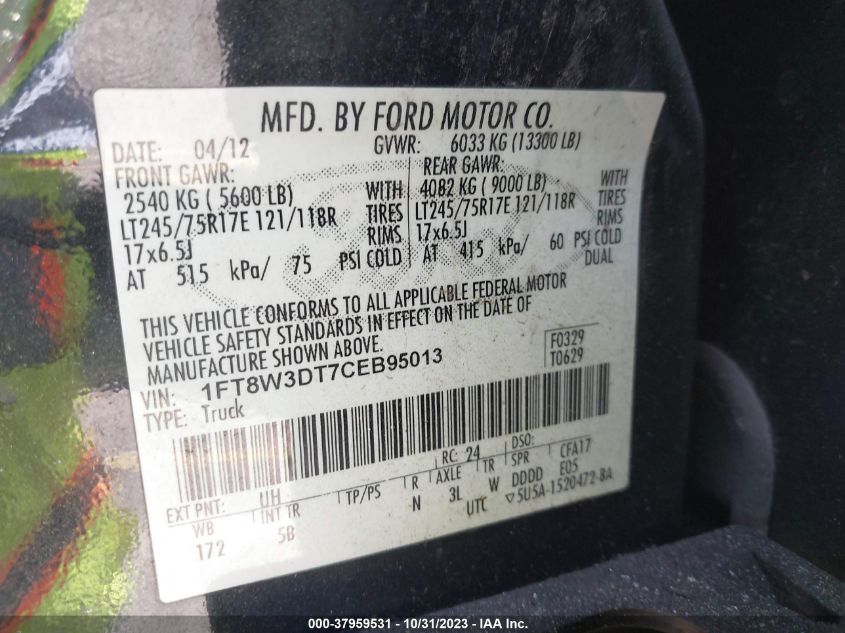 2012 Ford F-350 Lariat VIN: 1FT8W3DT7CEB95013 Lot: 37959531