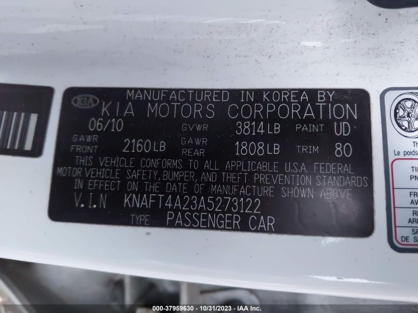 2010 Kia Forte Lx VIN: KNAFT4A23A5273122 Lot: 37959630