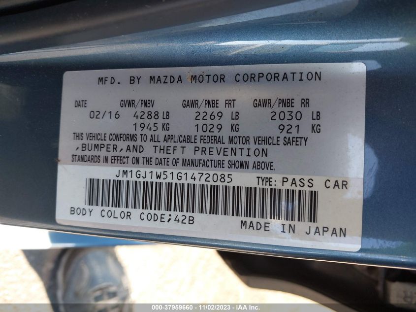 2016 Mazda Mazda6 I Grand Touring VIN: JM1GJ1W51G1472085 Lot: 37959660