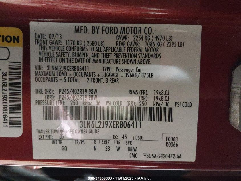 2014 Lincoln Mkz VIN: 3LN6L2J9XER806411 Lot: 37959668