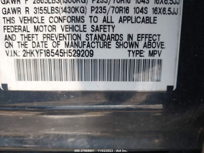 2005 Honda Pilot Ex-L VIN: 2HKYF18545H529209 Lot: 37959801