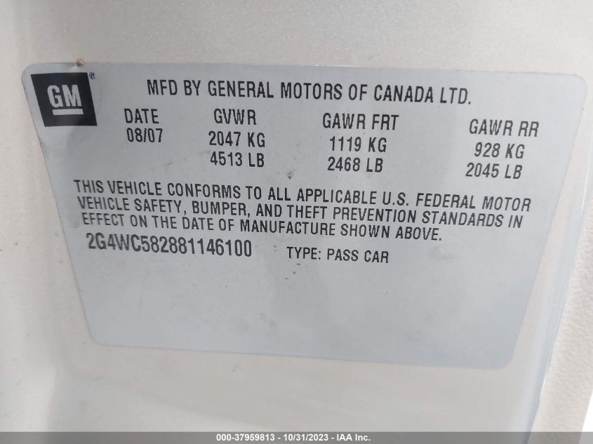 2008 Buick Lacrosse Cx VIN: 2G4WC582881146100 Lot: 37959813