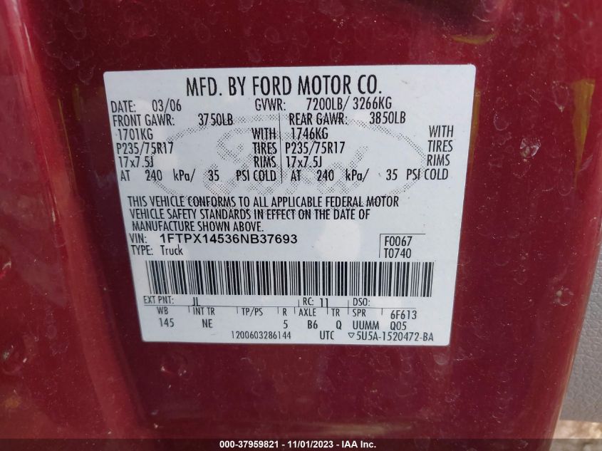2006 Ford F-150 Fx4/Lariat/Xl/Xlt VIN: 1FTPX14536NB37693 Lot: 37959821