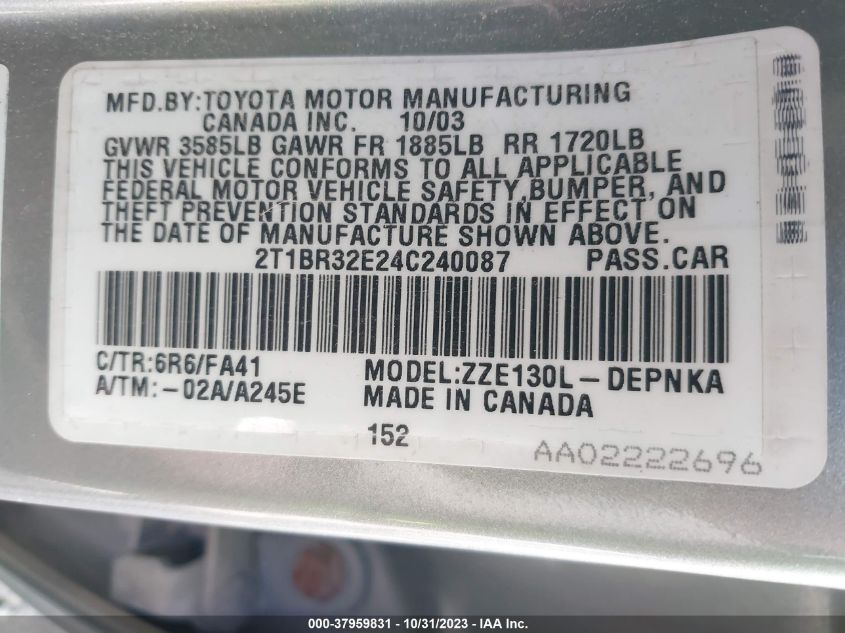2004 Toyota Corolla Ce/S/Le VIN: 2T1BR32E24C240087 Lot: 37959831