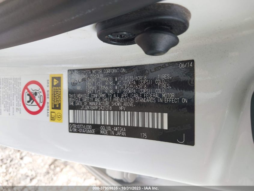 2015 Lexus Rx 350 VIN: JTJZK1BA9F2421318 Lot: 37959835