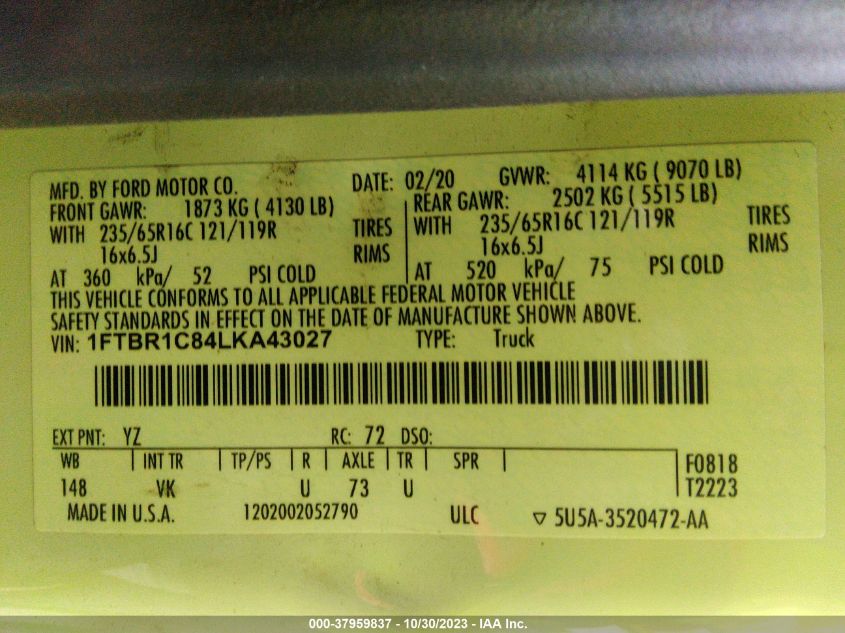 2020 Ford Transit-250 Cargo Van VIN: 1FTBR1C84LKA43027 Lot: 37959837