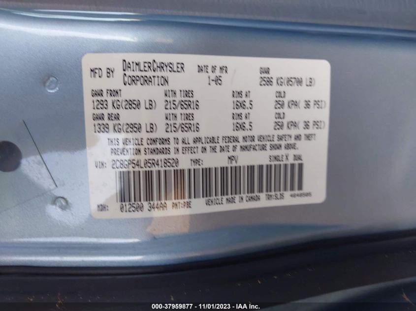 2005 Chrysler Town & Country Touring VIN: 2C8GP54L05R418520 Lot: 37959877