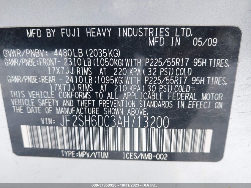 2010 Subaru Forester 2.5X Limited VIN: JF2SH6DC3AH713200 Lot: 37959925