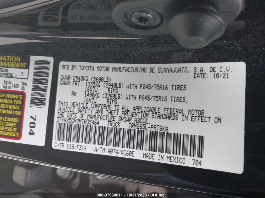 2022 Toyota Tacoma Sr VIN: 3TYAX5GN7NT035464 Lot: 37960011