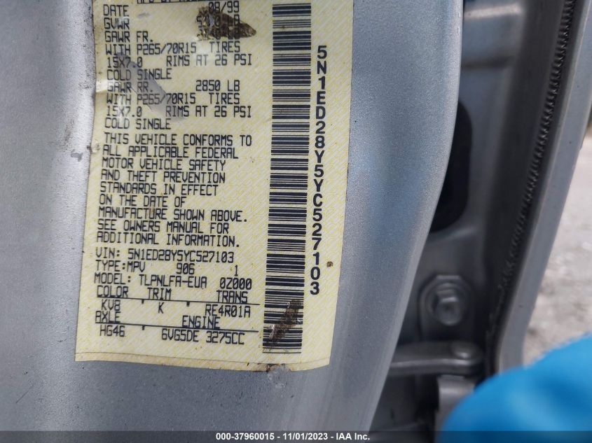 2000 Nissan Xterra Se/Xe VIN: 5N1ED28Y5YC527103 Lot: 37960015