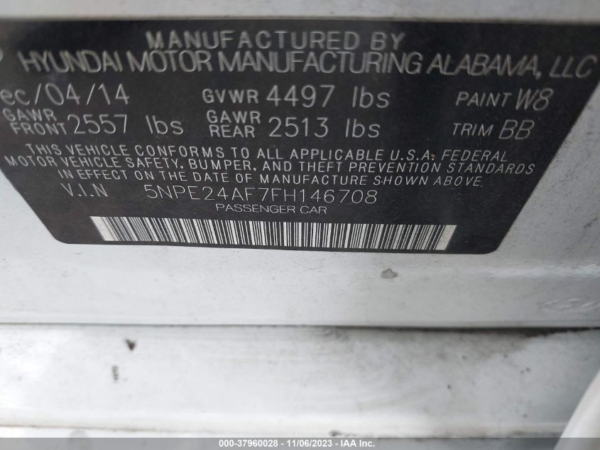 2015 Hyundai Sonata 2.4L Se VIN: 5NPE24AF7FH146708 Lot: 37960028