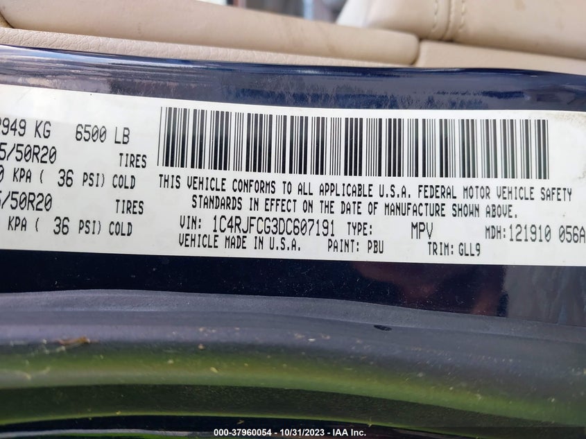 2013 Jeep Grand Cherokee Overland VIN: 1C4RJFCG3DC607191 Lot: 37960054