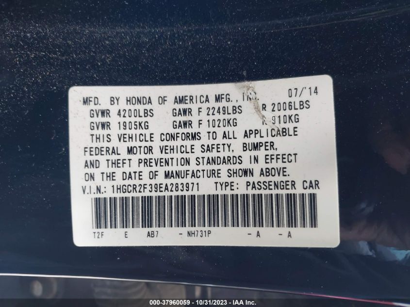 1HGCR2F39EA283971 2014 Honda Accord Sedan Lx