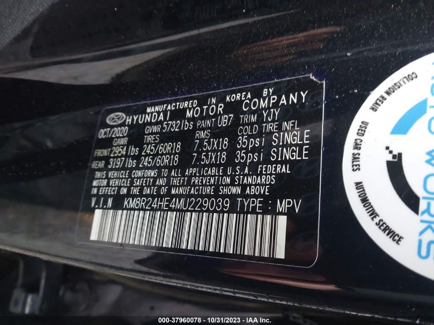 2021 Hyundai Palisade Sel VIN: KM8R24HE4MU229039 Lot: 37960078