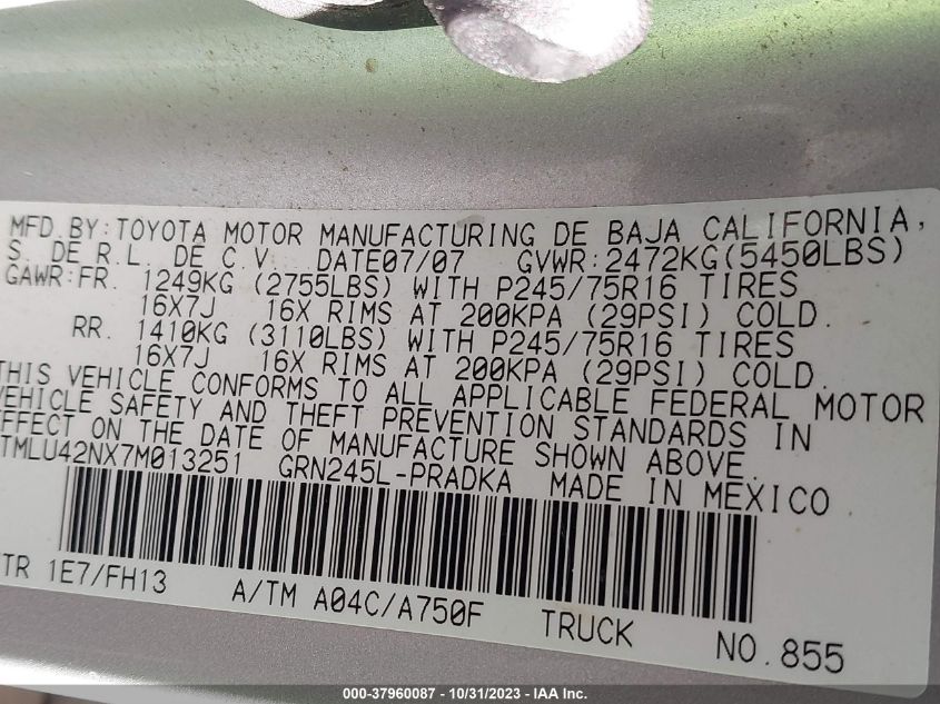 2007 Toyota Tacoma Base V6 VIN: 3TMLU42NX7M013251 Lot: 37960087
