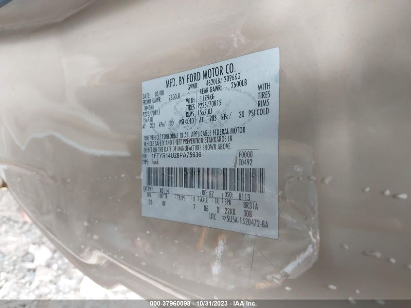 2008 Ford Ranger Sport/Xl/Xlt VIN: 1FTYR14U28PA75636 Lot: 37960098