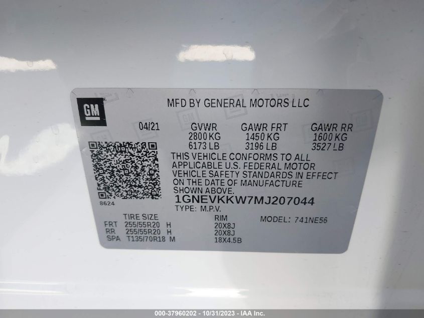 2021 Chevrolet Traverse Awd Premier VIN: 1GNEVKKW7MJ207044 Lot: 37960202