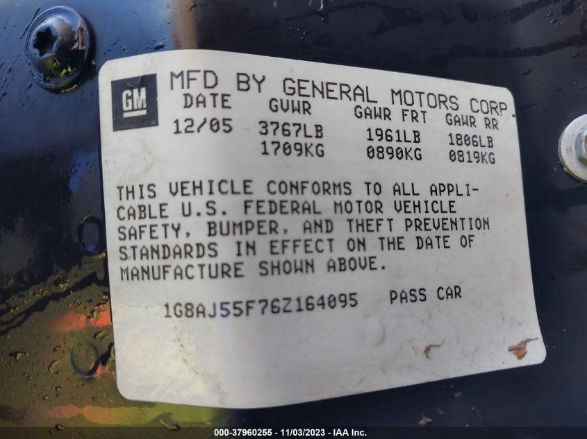 2006 Saturn Ion 2 VIN: 1G8AJ55F76Z164095 Lot: 37960255