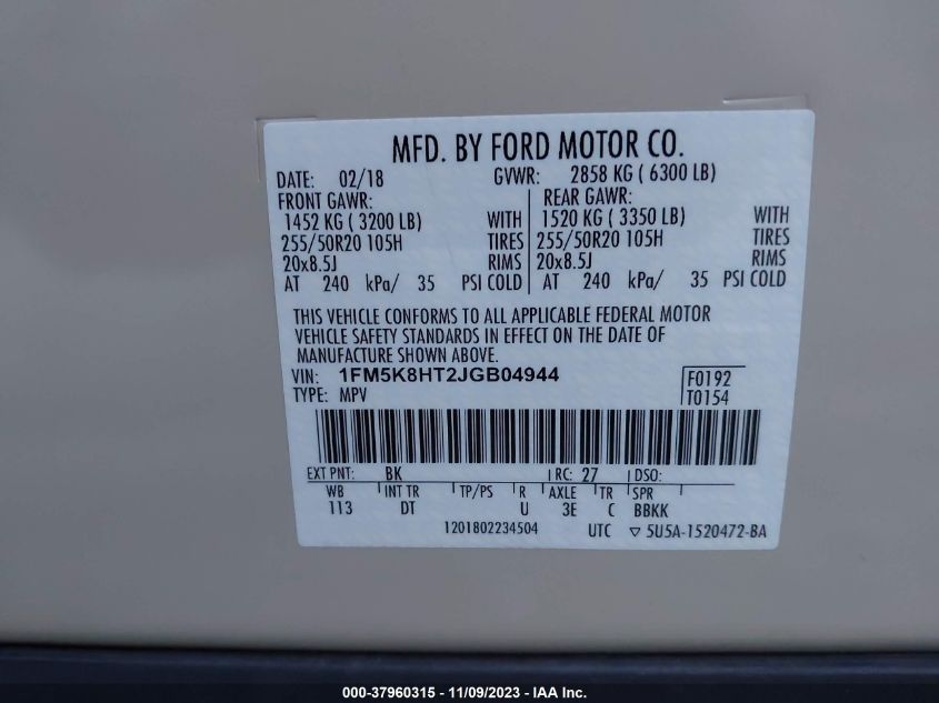 2018 Ford Explorer Platinum VIN: 1FM5K8HT2JGB04944 Lot: 37960315