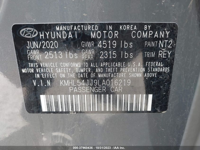 2020 Hyundai Sonata Hybrid Limited VIN: KMHL54JJ9LA016219 Lot: 37960436