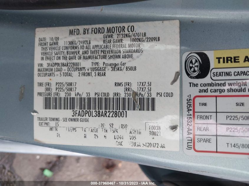 2010 Ford Fusion Hybrid VIN: 3FADP0L38AR228001 Lot: 37960467