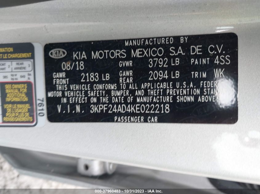 2019 Kia Forte Lxs VIN: 3KPF24AD4KE022218 Lot: 37960483