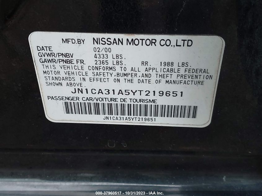 2000 Nissan Maxima Gle/Gxe/Se VIN: JN1CA31A5YT219651 Lot: 37960517