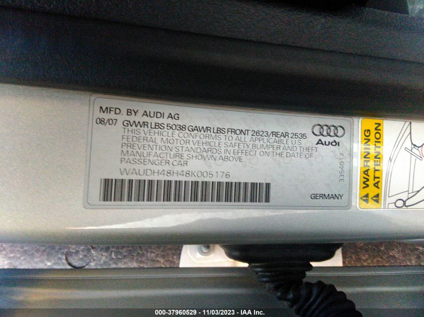 2008 Audi A4 3.2 VIN: WAUDH48H48K005176 Lot: 37960529