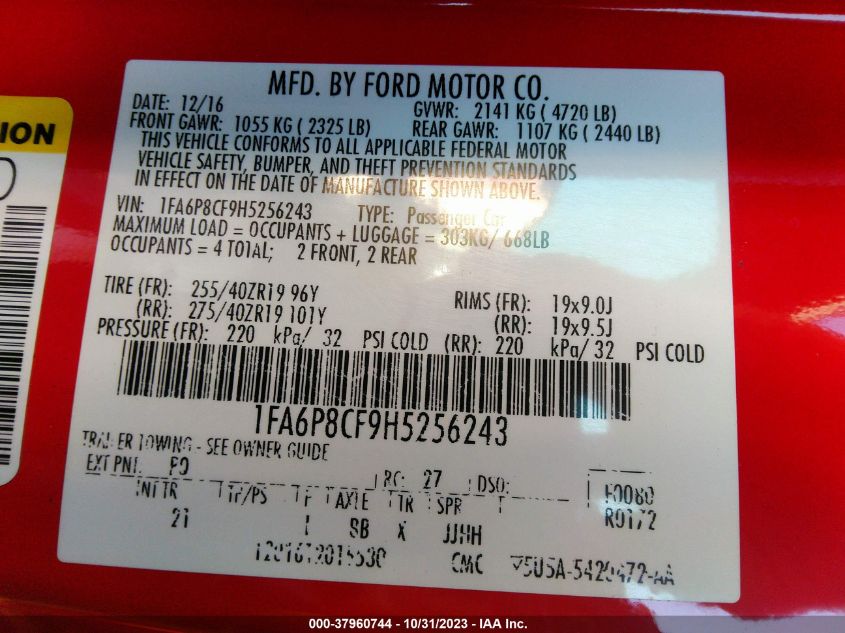 2017 Ford Mustang Gt VIN: 1HGCR2F92GA221982 Lot: 37960744