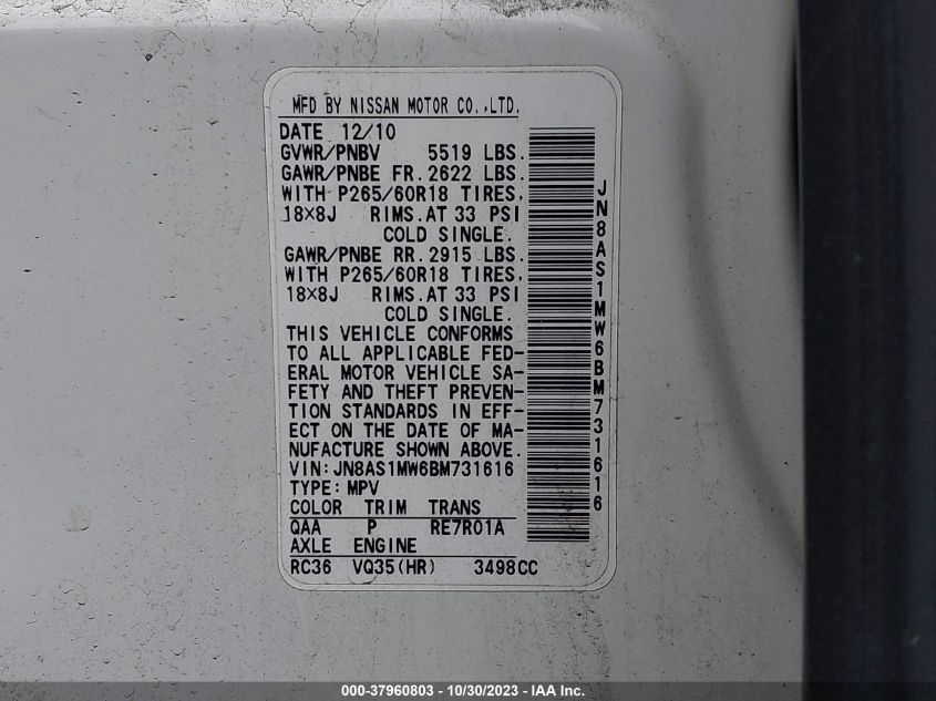 2011 Infiniti Fx35 VIN: JN8AS1MW6BM731616 Lot: 37960803