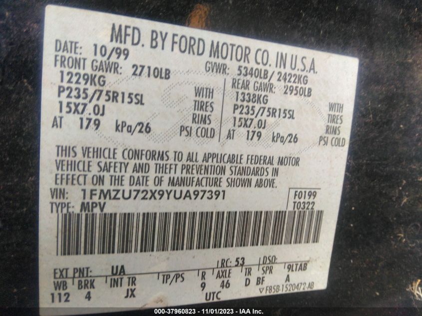 2000 Ford Explorer Xls VIN: 1FMZU72X9YUA97391 Lot: 37960823