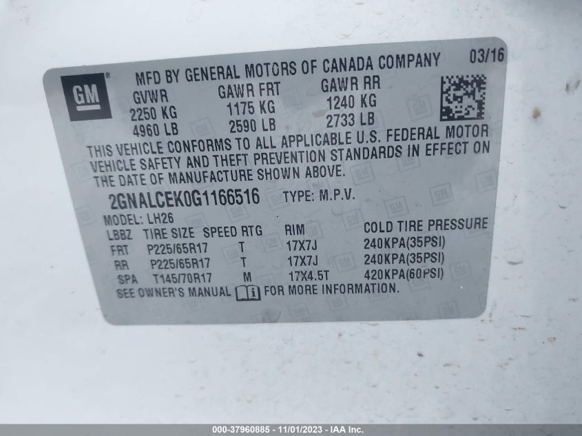 2016 Chevrolet Equinox Lt VIN: 2GNALCEK0G1166516 Lot: 37960885