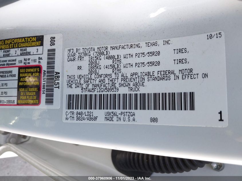 2016 Toyota Tundra 4Wd Truck Platinum/1794 VIN: 5TFAW5F12GX509539 Lot: 37960906