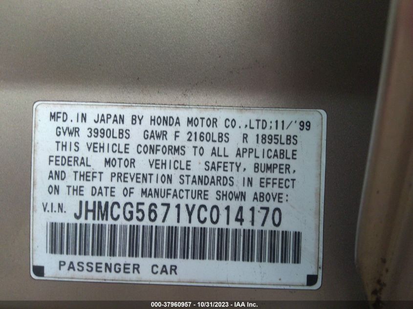2000 Honda Accord 2.3 Se VIN: JHMCG5671YC014170 Lot: 37960957