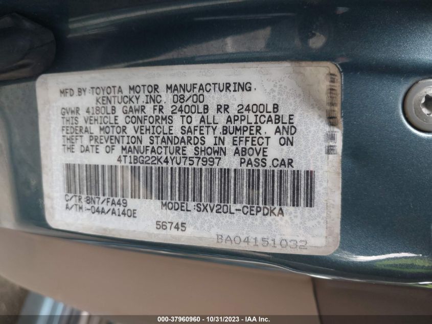 2000 Toyota Camry Ce VIN: 4T1BG22K4YU757997 Lot: 37960960