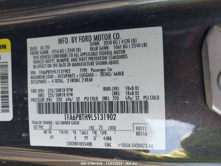 2020 Ford Mustang Ecoboost Premium VIN: 1FA6P8TH9L5131902 Lot: 37961030