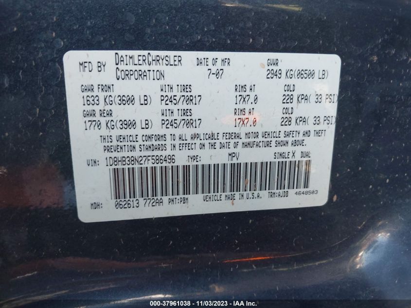 2007 Dodge Durango Sxt VIN: 1D8HB38N27F586496 Lot: 37961038