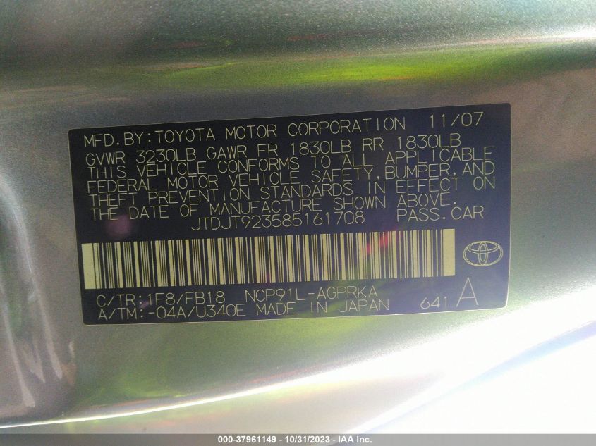 2008 Toyota Yaris VIN: JTDJT923585161708 Lot: 37961149