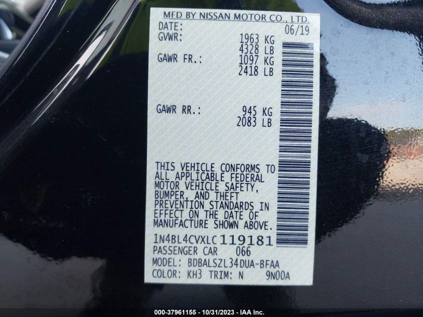 2020 Nissan Altima Sr Fwd VIN: 1N4BL4CVXLC119181 Lot: 37961155