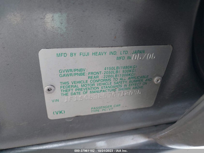 2007 Subaru Forester 2.5X VIN: JF1SG63657G712096 Lot: 37961182