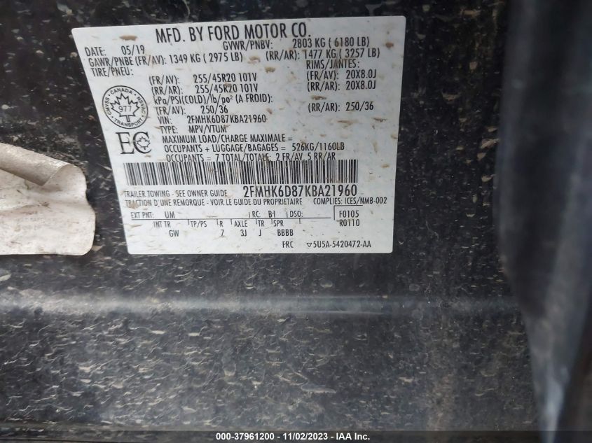 2019 Ford Flex Limited VIN: 2FMHK6D87KBA21960 Lot: 37961200