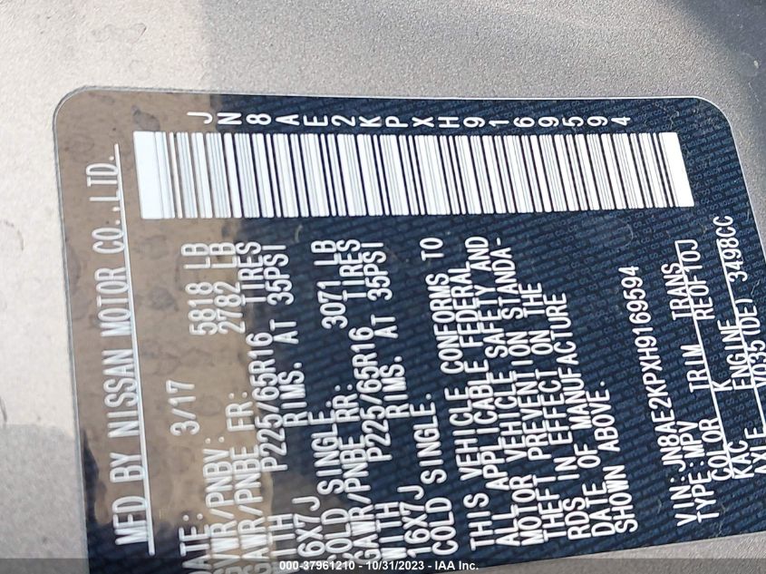 2017 Nissan Quest Sv VIN: JN8AE2KPXH9169594 Lot: 37961210