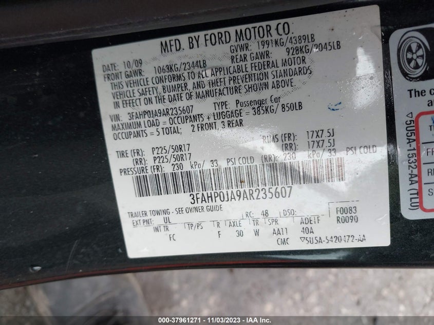 2010 Ford Fusion Sel VIN: 3FAHP0JA9AR235607 Lot: 37961271