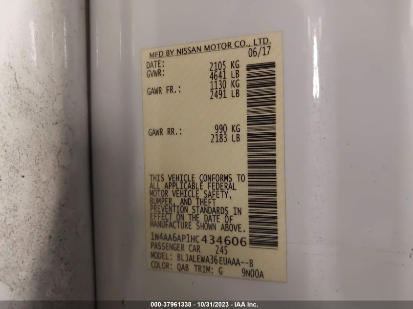 2017 Nissan Maxima Sl VIN: 1N4AA6AP1HC434606 Lot: 37961338