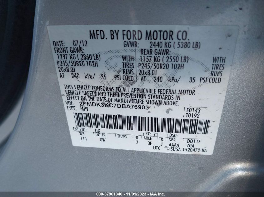 2013 Ford Edge Limited VIN: 2FMDK3KC7DBA76903 Lot: 37961340