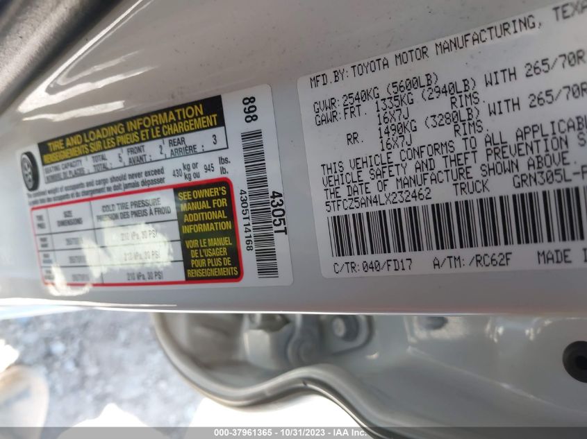 2020 Toyota Tacoma Trd Off-Road VIN: 5TFCZ5AN4LX232462 Lot: 37961365