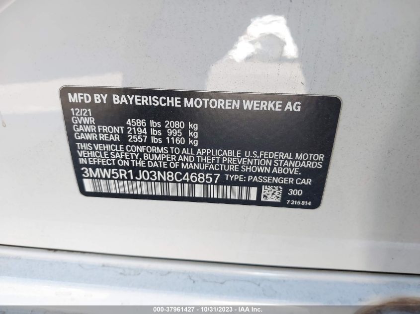 2022 BMW 3 Series 330I VIN: 3MW5R1J03N8C46857 Lot: 37961427